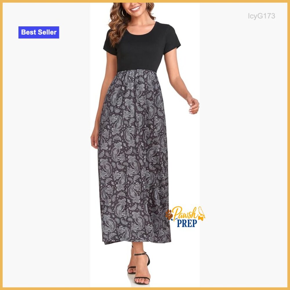 Paisley Knit-Bodice Maxi Dress in Black